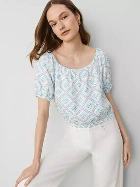 Ann Taylor White Linen Blend Boxy Crop Top with Aqua Tile Print Size Large Boho